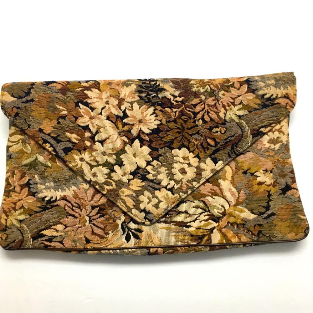 Vintage Floral Tapestry Large Clutch Tan Brown 1970’s/80’s Hand Purse